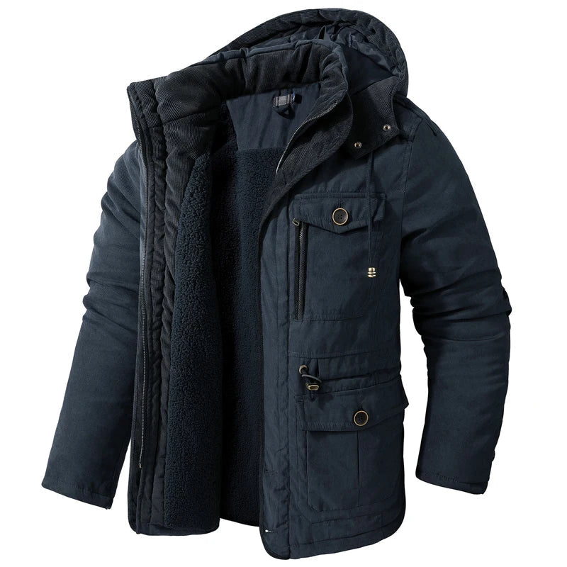 Jaqueta Masculina Tática com Capuz Forro Fleece e Bolsos