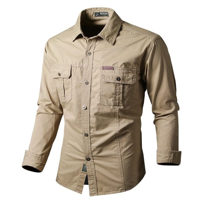 Camisa Comprida Military Com Bolsos, Botões e Design Único Original - Brinde: Relógio A Prova D'Água MASCULINO - ROUPAS - CAMISA 5 Dm Stores Cáqui P 
