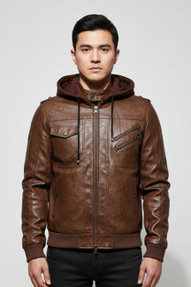 Jaqueta de Couro Masculina Premium com Capuz Removível Roupas (Jaqueta Masculina 14) Dm Stores Café P 